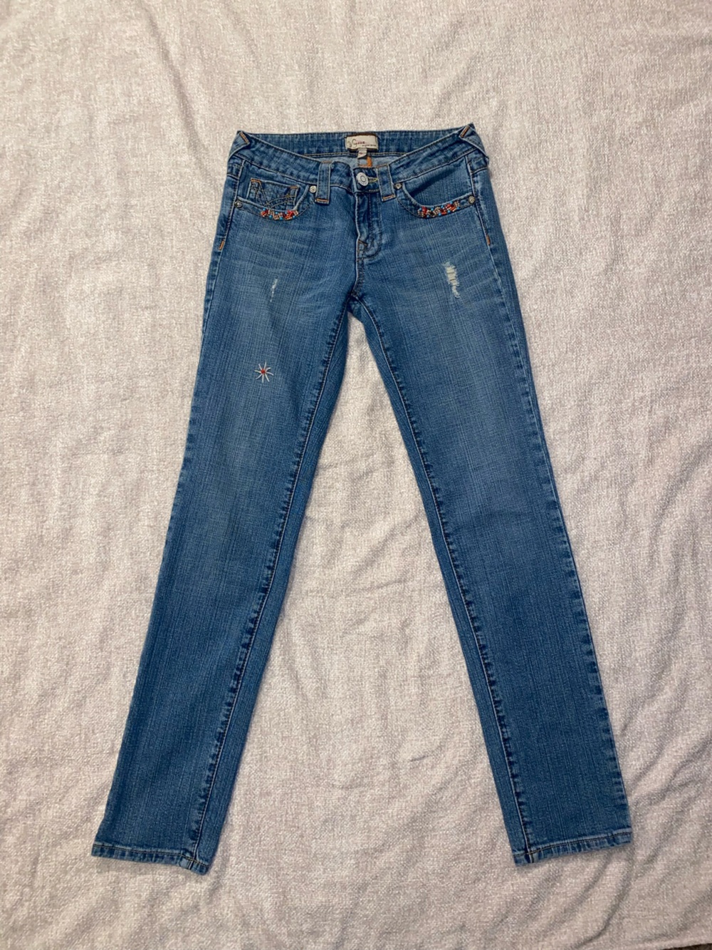 Vigoss Straight Leg Jeans Size 3/4 Beaded Embroidered Medium Distressed Boho